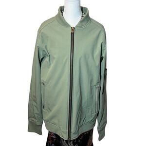 Green Bomber Jacket with Zipper Pockets Utility Style Casual Coat